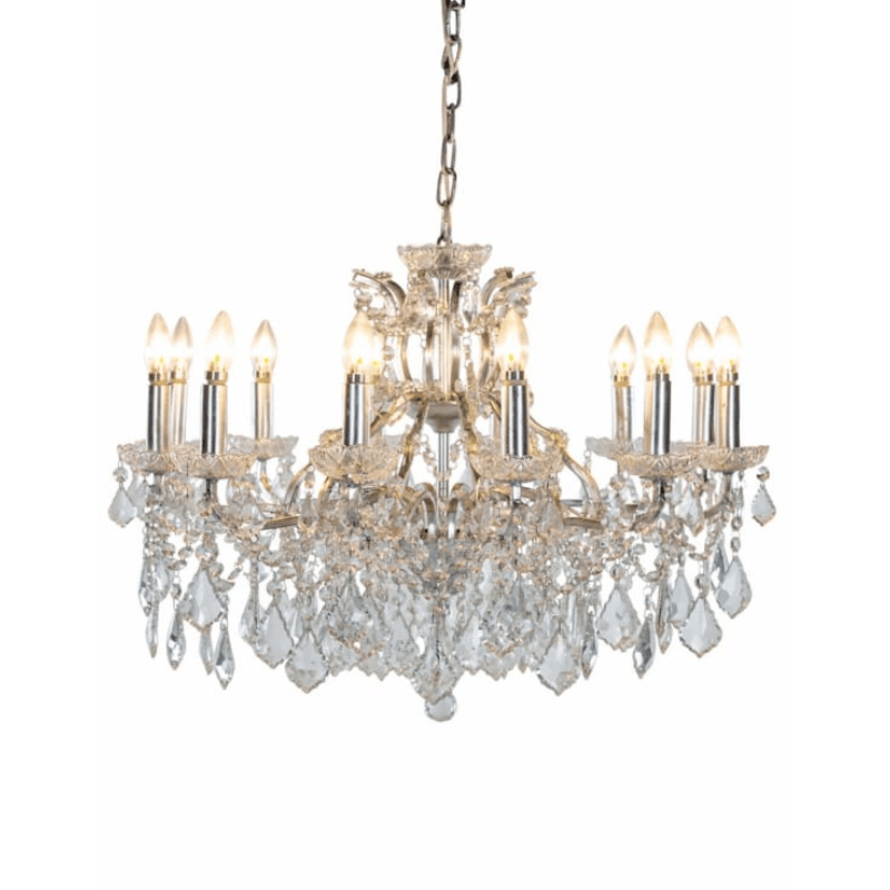 Twelve-branch silver leaf chandelier with hanging glass decorations